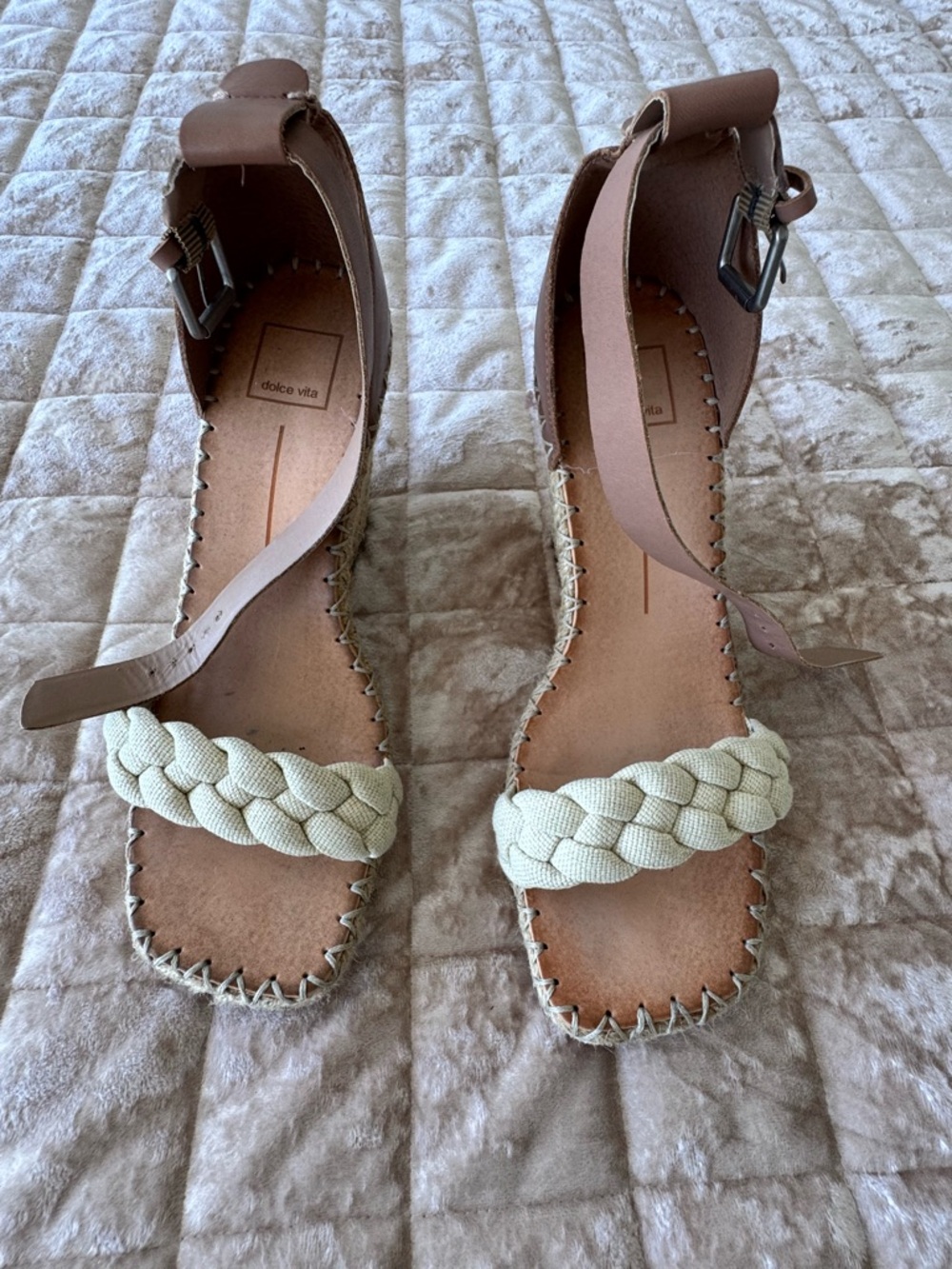 Dolce Vita Brown Leather Ankle-Strap Sandals with Cream Braided Front